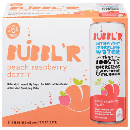 Bubbl'r Antioxidant Peach Raspberry Dazzl'r Sparkling Water 6 - 12 fl oz Cans