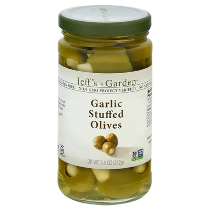 Jeff's Garden Garlic Stuffed Olives, 7.5 oz Dr. Wt.