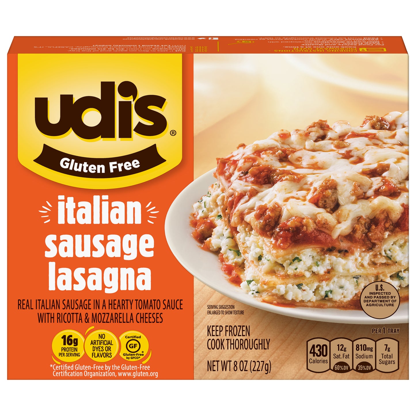 Udi's Gluten Free Italian Sausage Lasagna, Frozen, 8 oz.