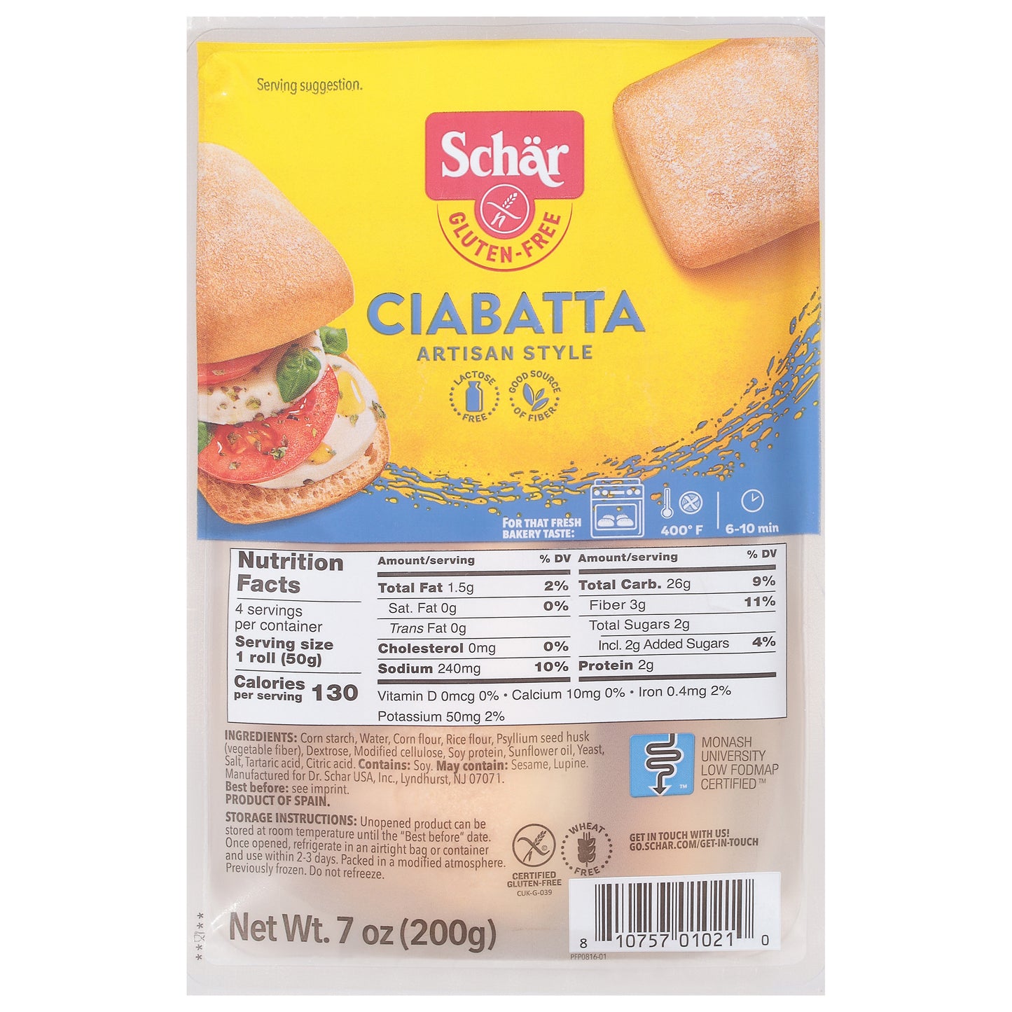 Schar Gluten-Free Artisan Style Ciabatta 7 oz