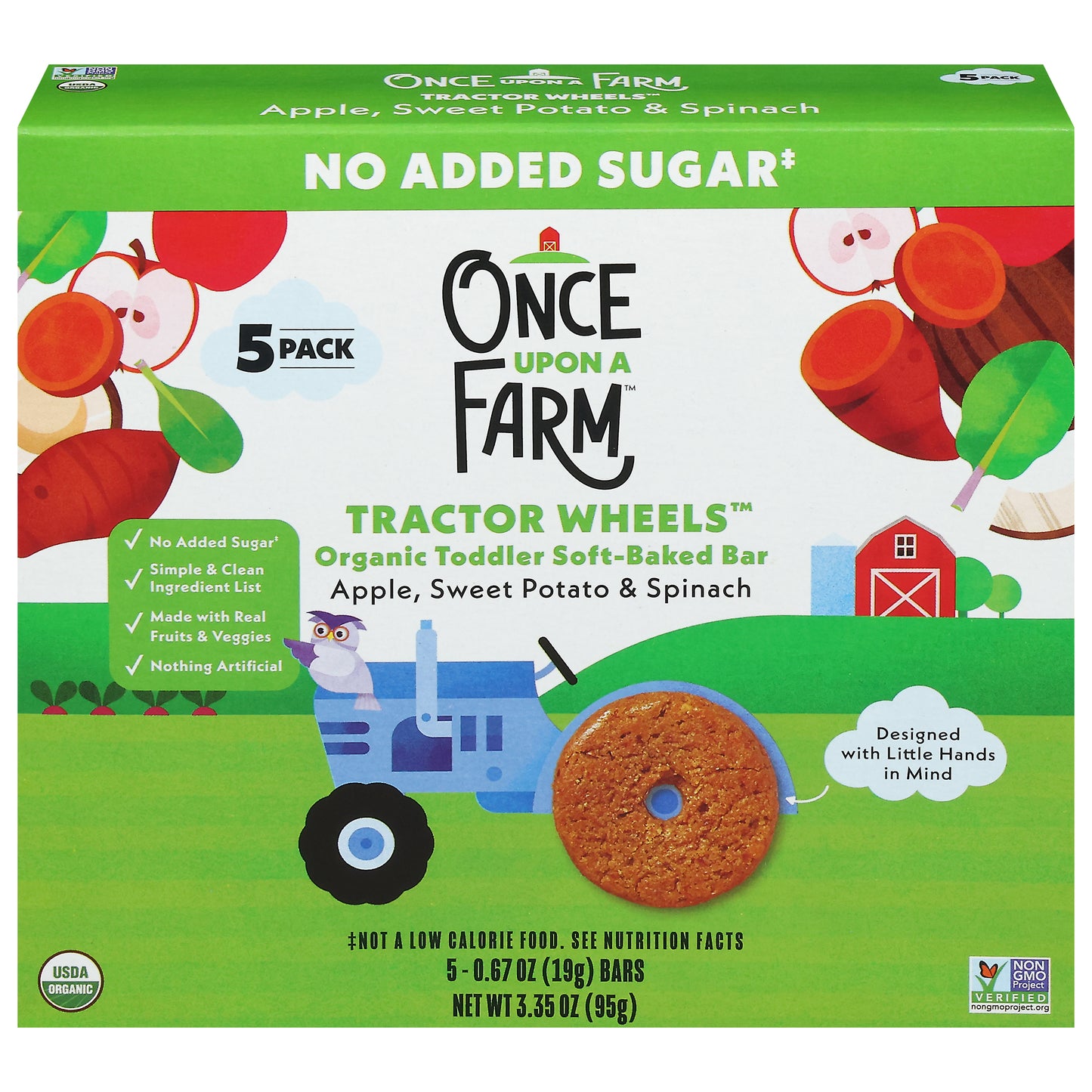 Once Upon a Farm Soft-Baded Toddler Organic Tractor Wheels Apple Sweet Potato & Spinach Bars 5 Pack 5 - 0.67 oz Bars