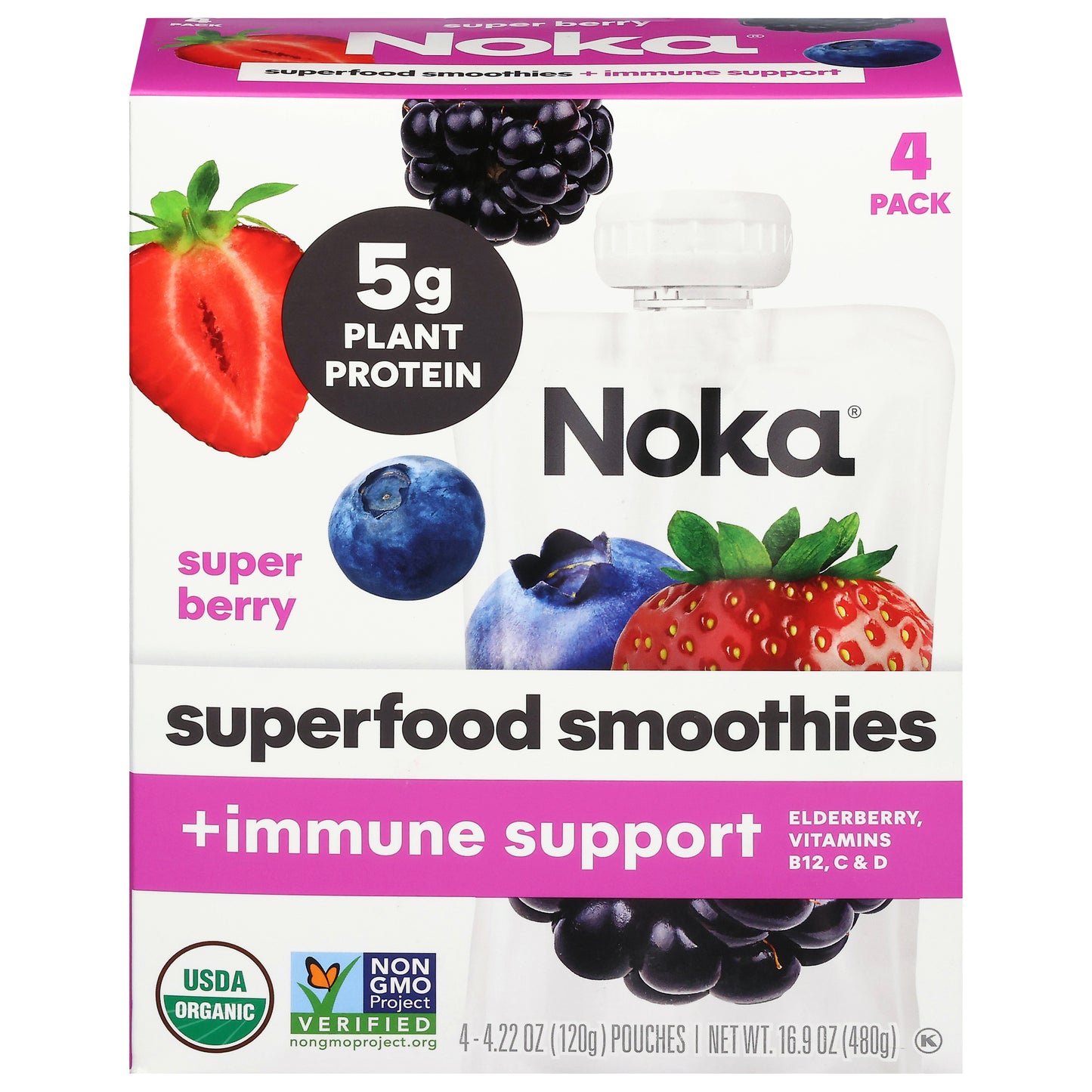 Noka +Immune Support Super Berry Superfood Smoothies 4 - 4.22 oz Pouches
