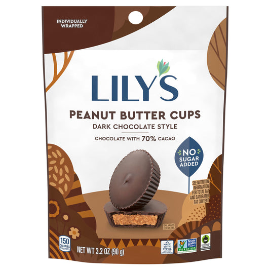 LILY'S Dark Chocolate Style No Sugar Added Peanut Butter Cups, Sweets Bag, 3.2 oz