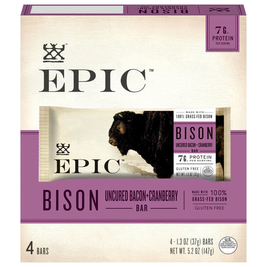 EPIC Bison Bacon Cranberry Bars, Paleo Friendly, Gluten Free, 4 ct, 1.3 oz Bars