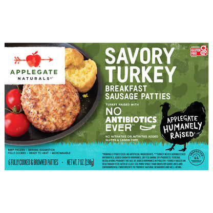 Applegate Natural Savory Turkey Breakfast Sausage Patties, 7oz (Frozen)