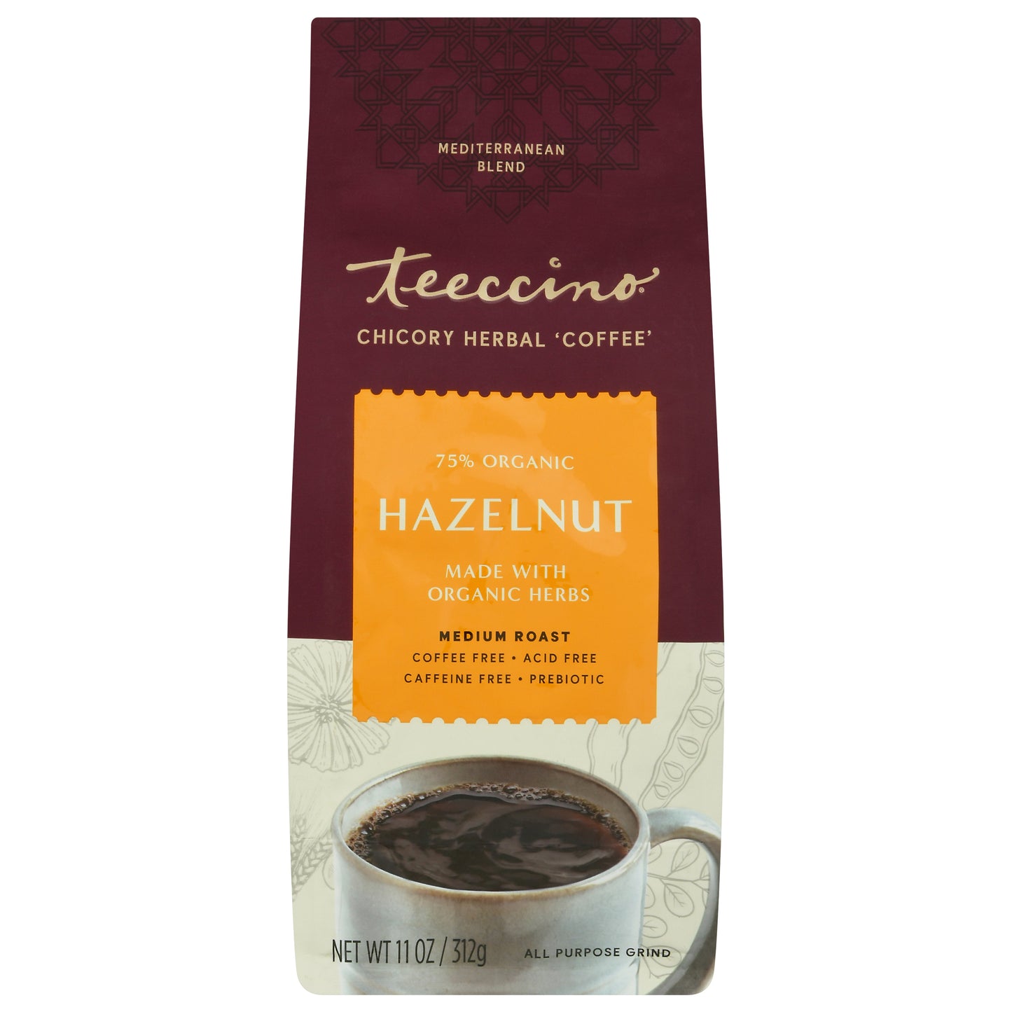 Teeccino Mediterranean Blend Medium Roast Hazelnut Herbal Coffee 11 oz