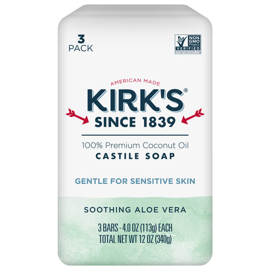 Kirk's Castile Bar Soap for Men, Women & Children - Made with Premium Coconut Oil, Sensitive Skin Formula, Vegan,  Non GMO, Soothing Aloe Vera, 4 oz. 3 Bar Pack
