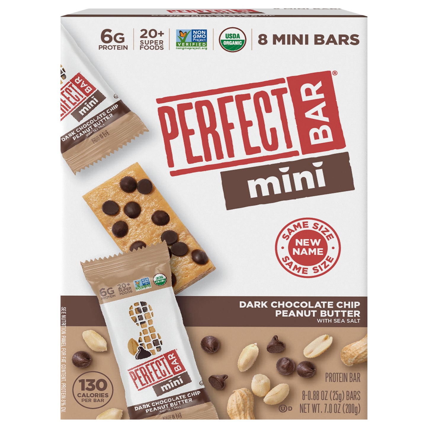 Perfect Bar Mini Dark Chocolate Chip Peanut Butter Protein Bar, Organic, 8 count, .88 oz