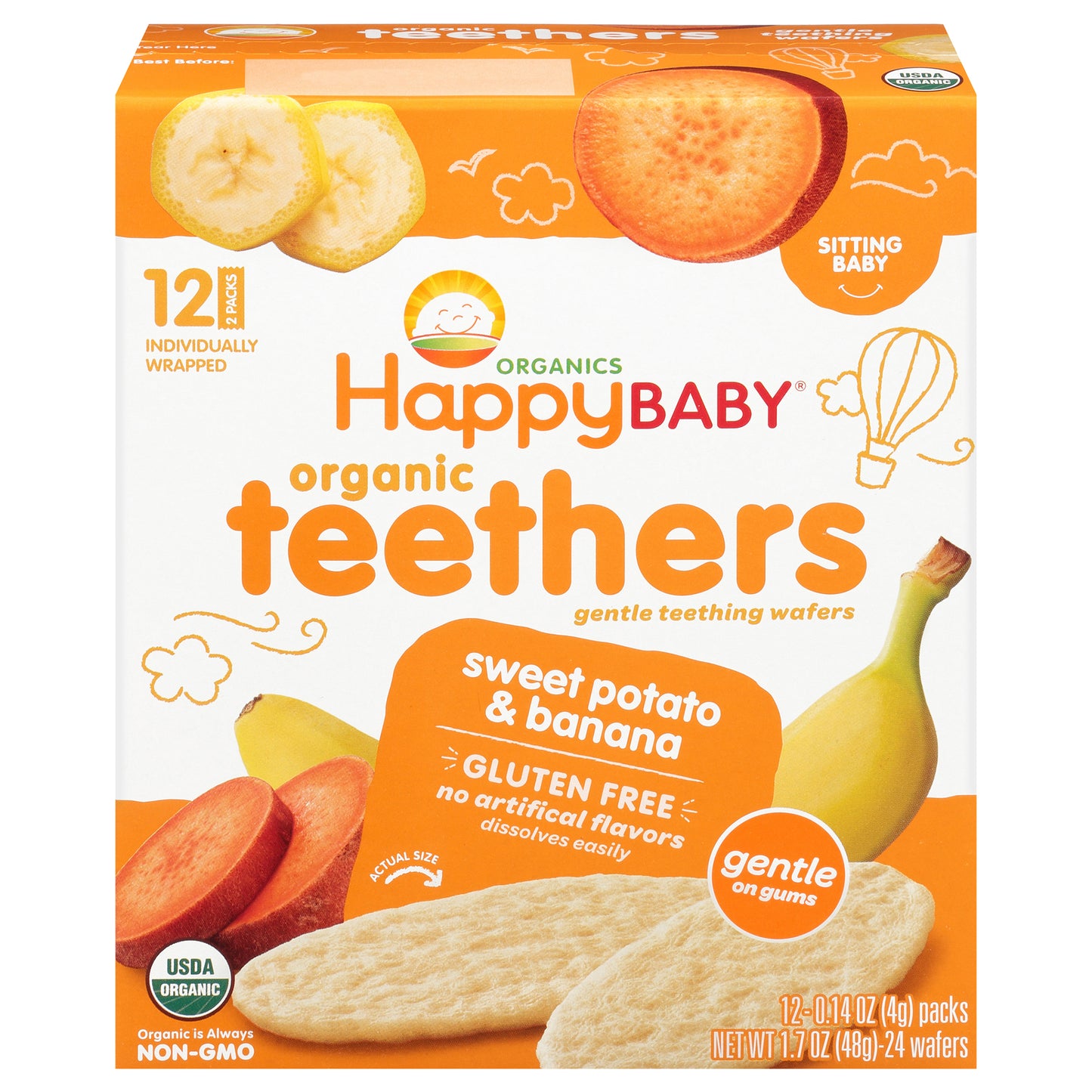 Happy Baby Organics Organic Teethers Gluten Free Gentle Teething Wafers Sweet Potato & Banana 12-0.14 oz Packs UNIT