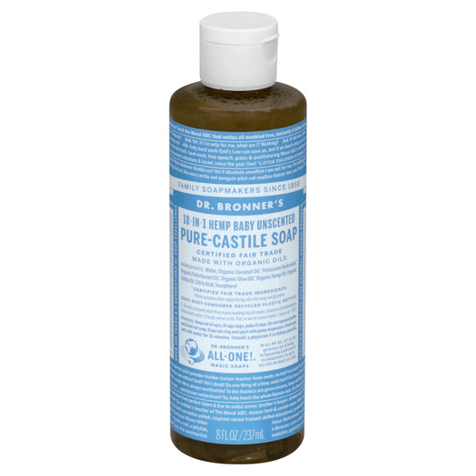 Dr. Bronner's Castile Soap 8 oz - 18-IN-1 HEMP BABY UNSCENTED PURE-CASTILE SOAP