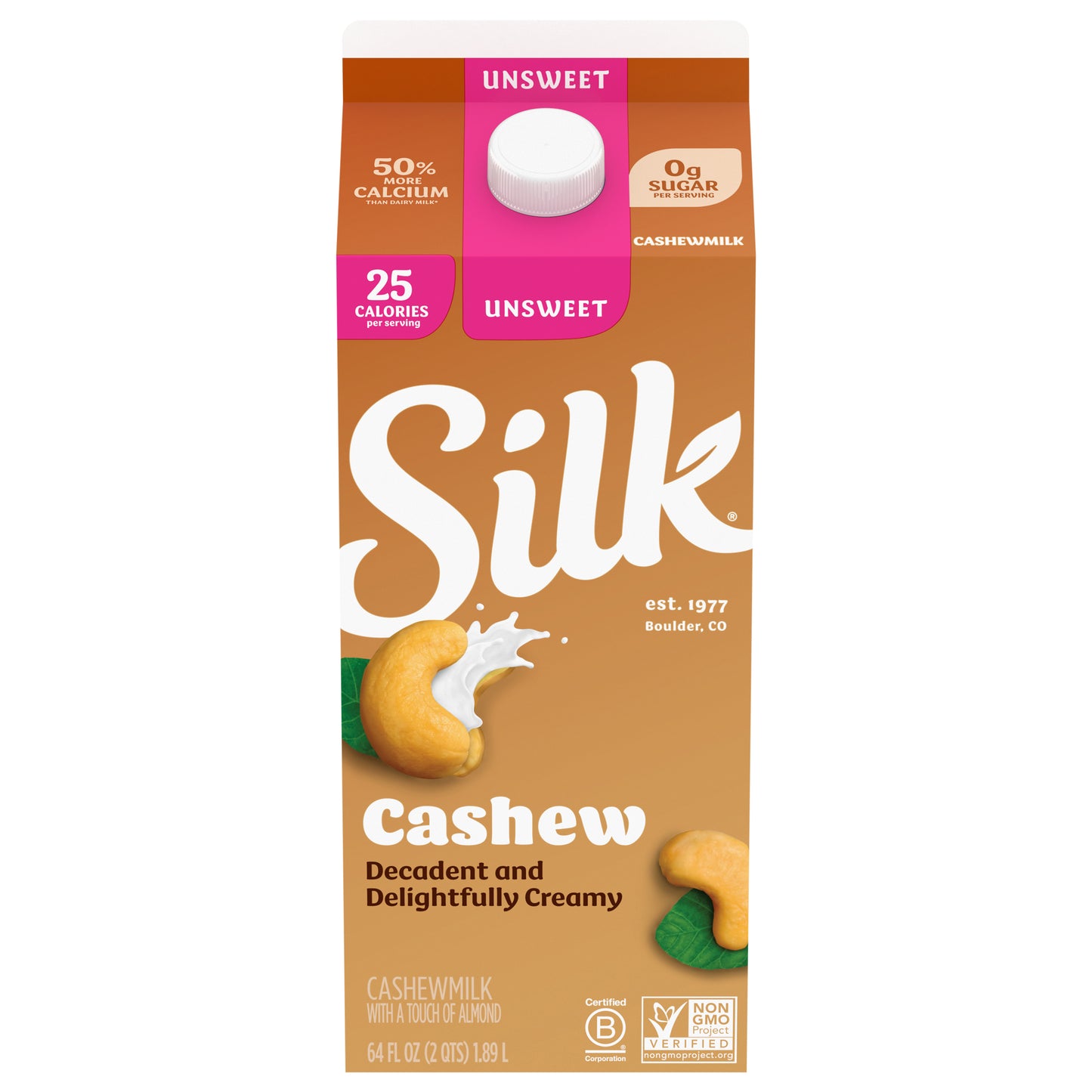 Silk Cashew Milk, Unsweet, Dairy Free, Gluten Free, 64 FL OZ Half Gallon