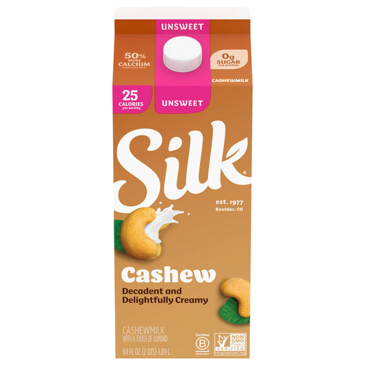 Silk Cashew Milk, Unsweet, Dairy Free, Gluten Free, 64 FL OZ Half Gallon