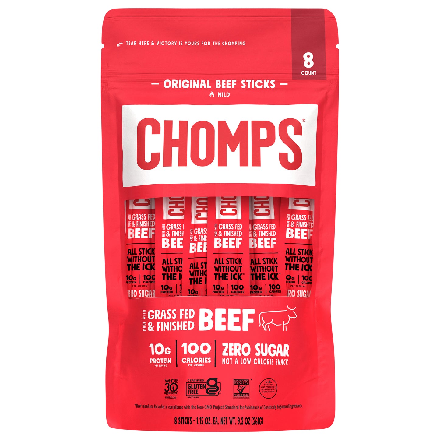 Chomps Grass-Fed and Finished Original Beef Meat Sticks, 8 count