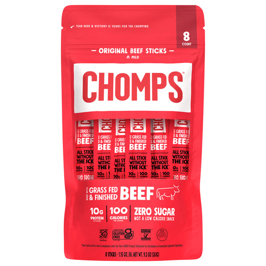 Chomps Grass-Fed and Finished Original Beef Meat Sticks, 8 count
