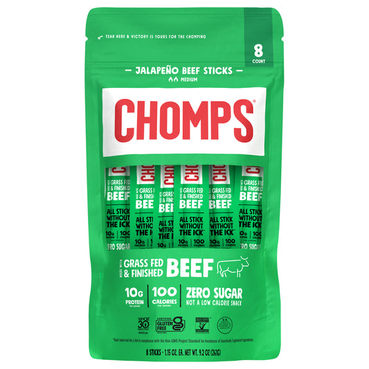 Chomps Grass-Fed and Finished Jalapeño Beef Meat Sticks, 8 count