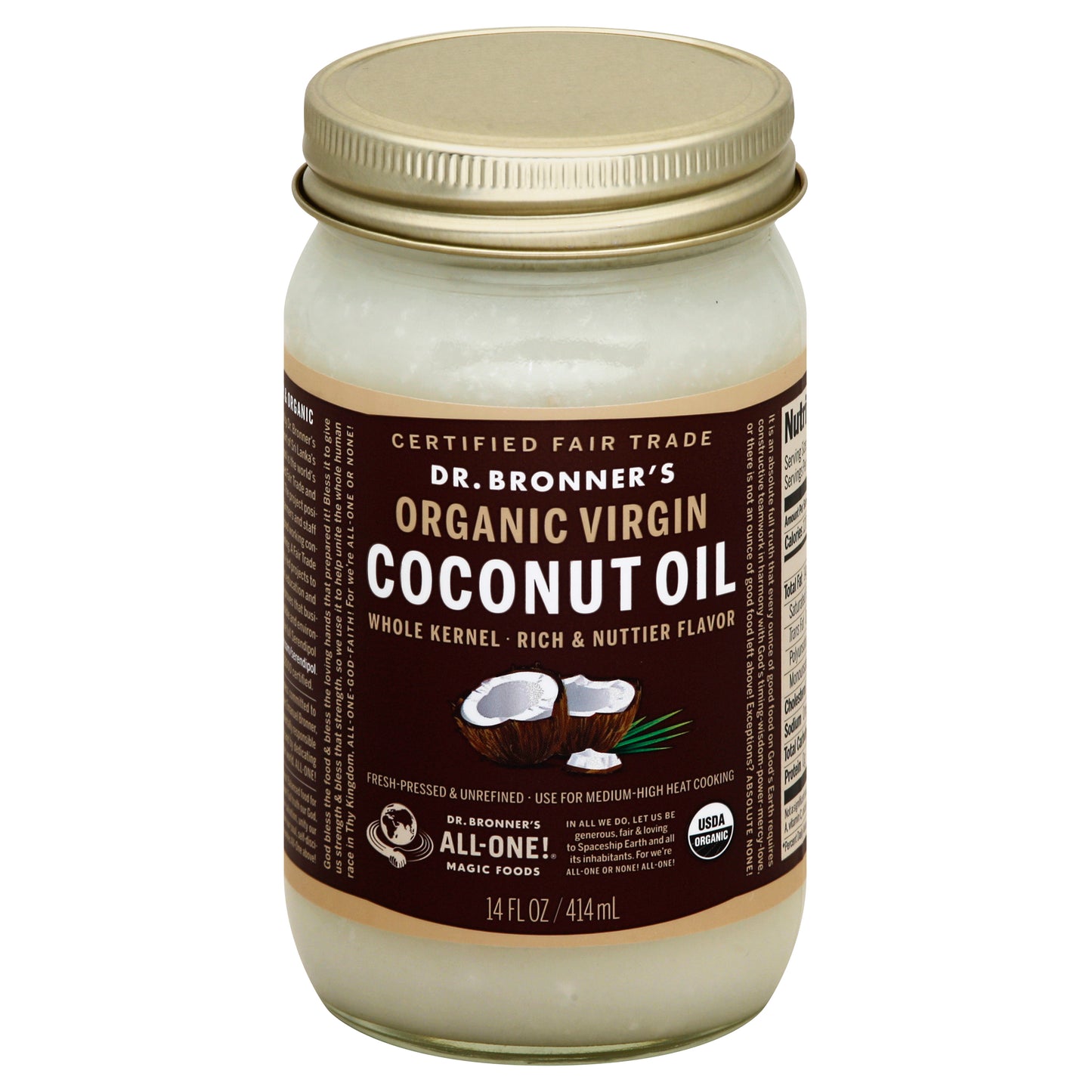Dr. Bronner's Coconut Oil 14 oz -WHOLE KERNEL RICH & NUTTIER FLAVOR
