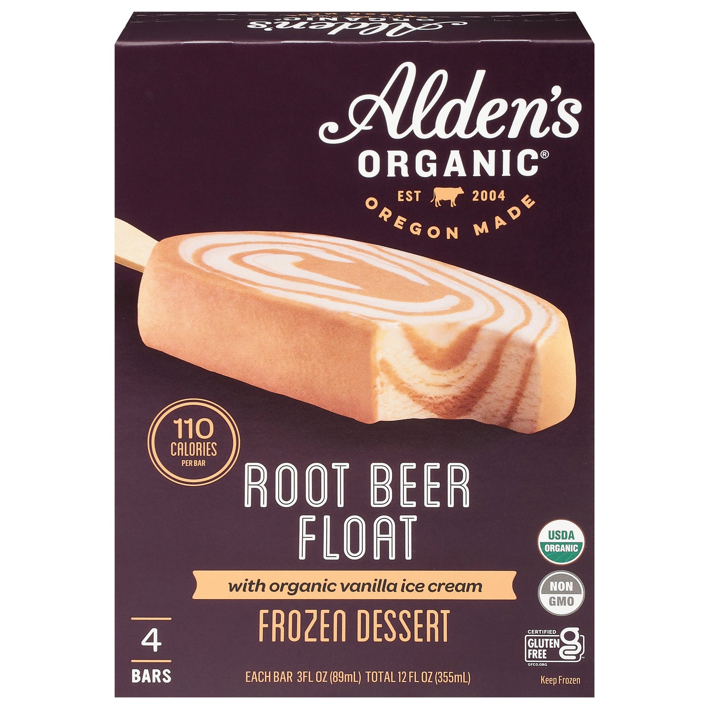 Alden's Organic Root Beer Float Frozen Dessert with Organic Vanilla Ice Cream 4 - 3 fl oz Bars