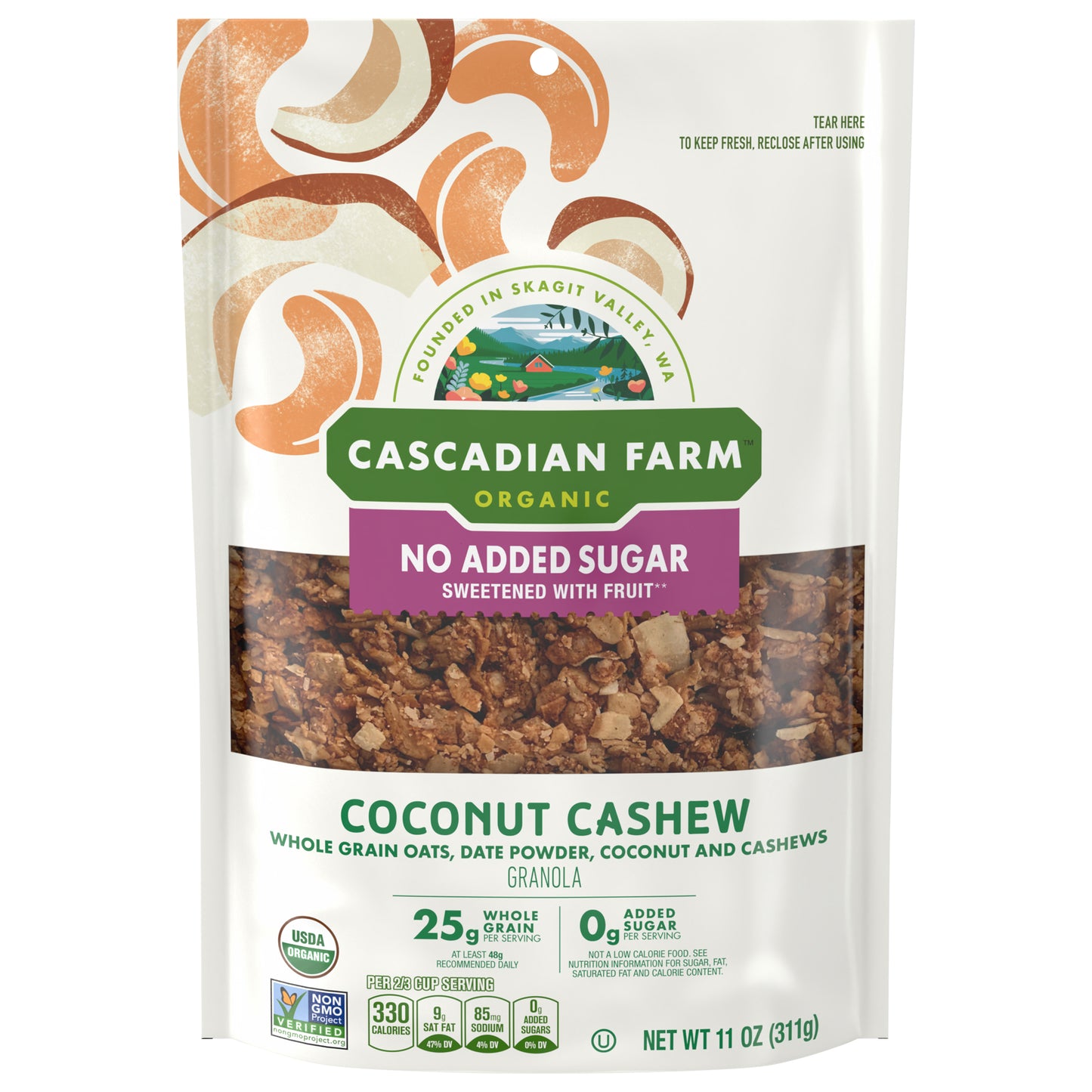 Cascadian Farm Organic Granola with No Added Sugar, Coconut Cashew Cereal, Resealable Pouch, 11 oz.