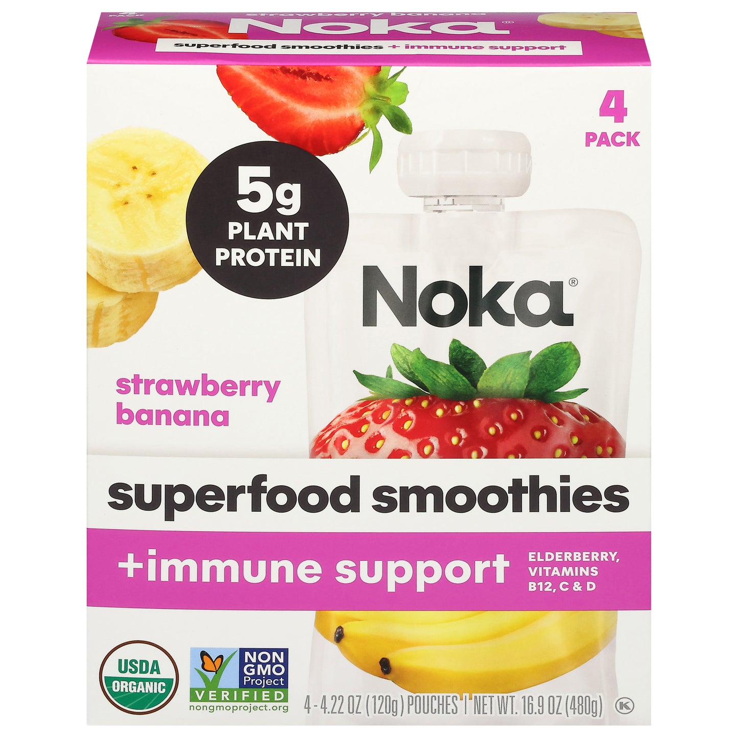 Noka Strawberry Banana Superfood Smoothies +Immune Support 4 - 4.22 oz Pouches