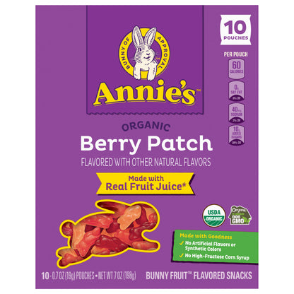 Annie's Organic Berry Patch Bunny Fruit Flavored Kids Snacks, Gluten Free School Lunch Snacks, 10 Ct, 7 oz