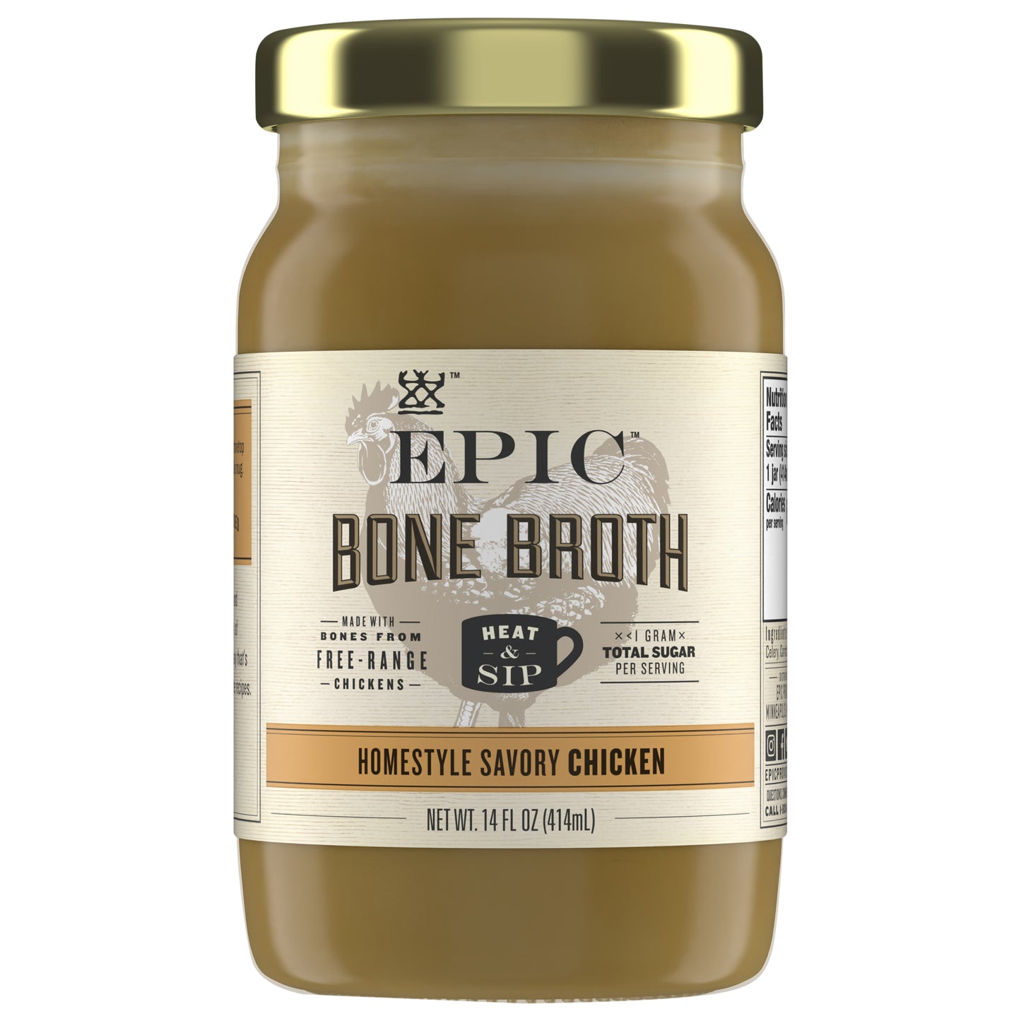 EPIC Bone Broth, Homestyle Savory Chicken, Keto and Paleo Friendly, Whole30 Approved, Gluten Free, 14 fl oz Jar
