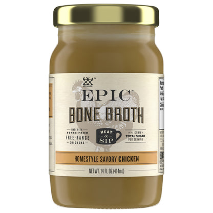 EPIC Bone Broth, Homestyle Savory Chicken, Keto and Paleo Friendly, Whole30 Approved, Gluten Free, 14 fl oz Jar