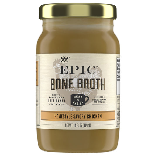 EPIC Bone Broth, Homestyle Savory Chicken, Keto and Paleo Friendly, Whole30 Approved, Gluten Free, 14 fl oz Jar
