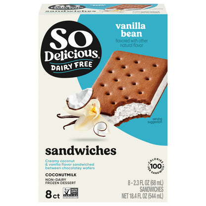 So Delicious Coconut Milk Frozen Dessert Sandwiches, Vanilla Bean, Dairy Free, Vegan, Non-GMO, Kosher, 8 Count Pack