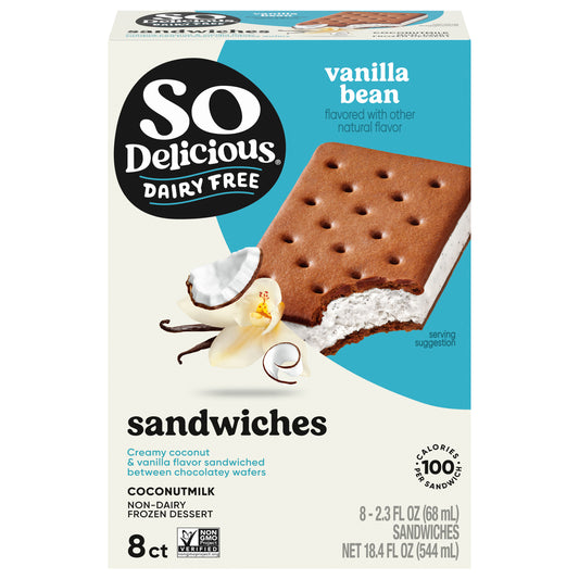So Delicious Coconut Milk Frozen Dessert Sandwiches, Vanilla Bean, Dairy Free, Vegan, Non-GMO, Kosher, 8 Count Pack