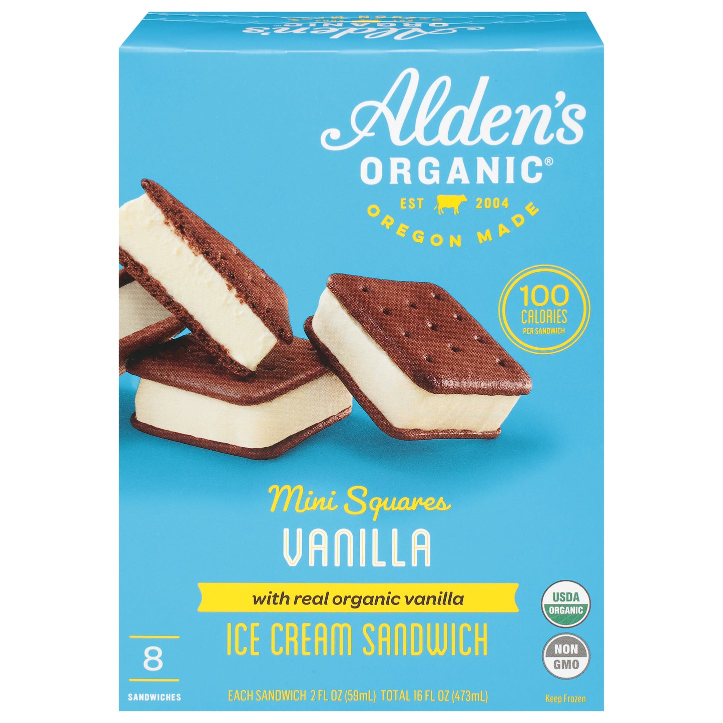 Alden's Organic Mini Squares Vanilla Ice Cream Sandwich with Real Organic Vanilla 8 - 2 fl oz Sandwiches