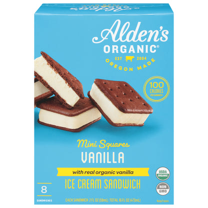 Alden's Organic Mini Squares Vanilla Ice Cream Sandwich with Real Organic Vanilla 8 - 2 fl oz Sandwiches