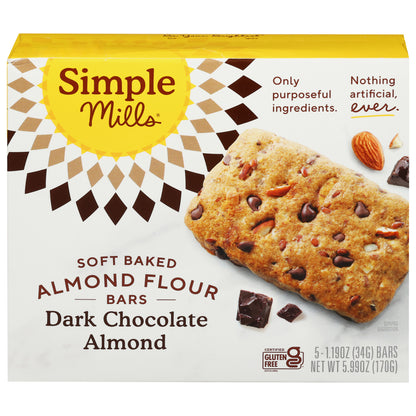 Simple Mills Soft Baked Almond Flour Dark Chocolate Almond Bars 5 - 1.19 oz Bars