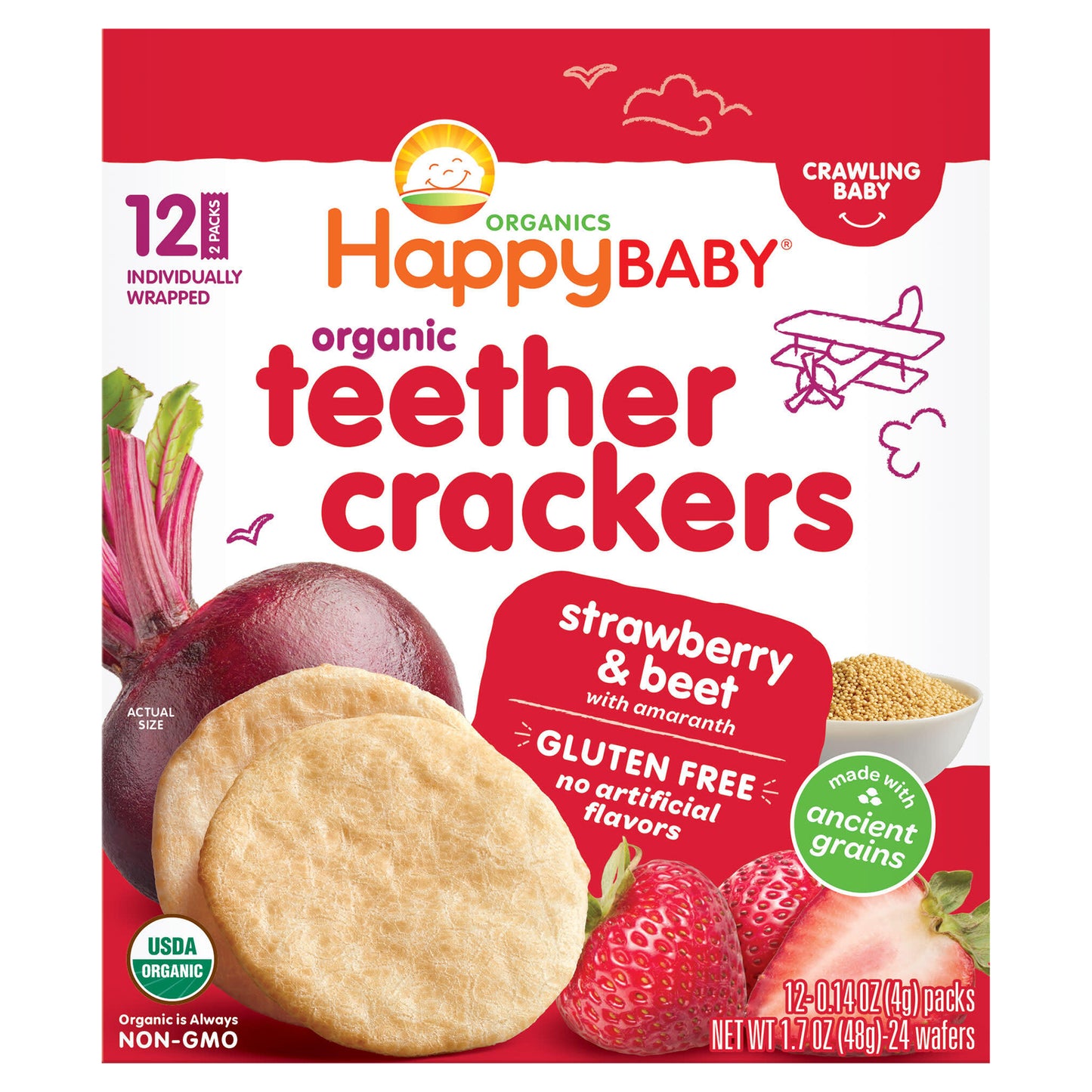 Happy Baby® Organic Teether Crackers, Easily Dissolving Baby Snack, Strawberry & Beet – 12ct/0.14oz Each