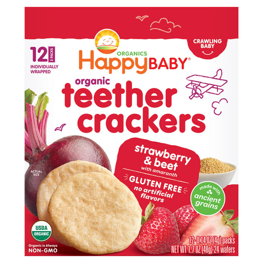 Happy Baby® Organic Teether Crackers, Easily Dissolving Baby Snack, Strawberry & Beet – 12ct/0.14oz Each