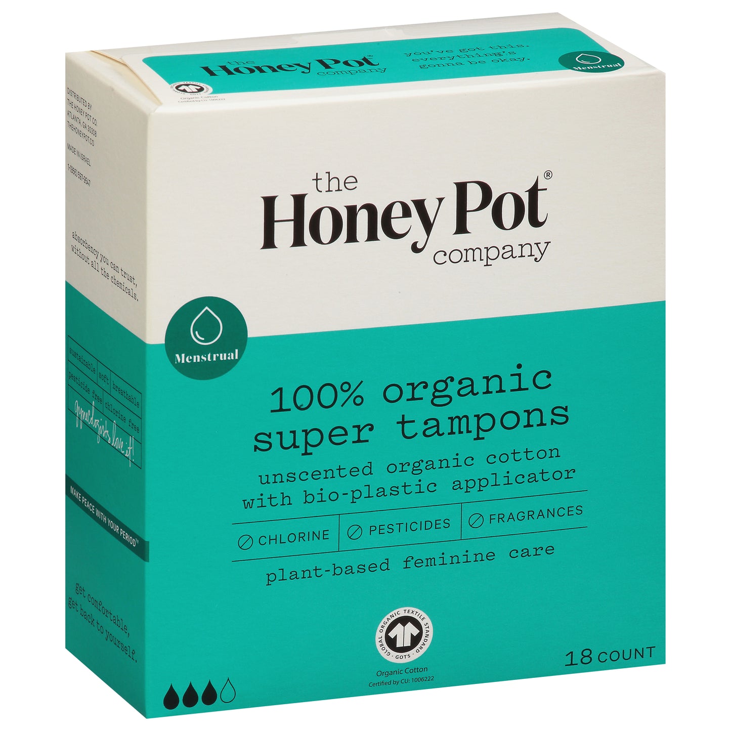 Honey Pot Super 100% Organic Unscented Tampons 18 ea