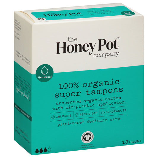 Honey Pot Super 100% Organic Unscented Tampons 18 ea
