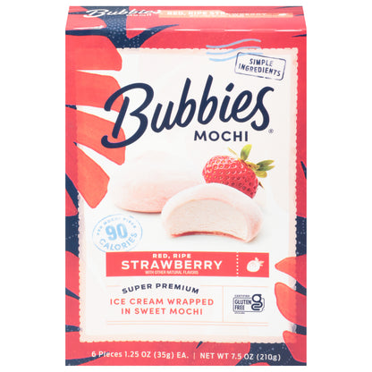 Bubbies Super Premium Red, Ripe Strawberry Mochi 6 - 1.25 oz Packs