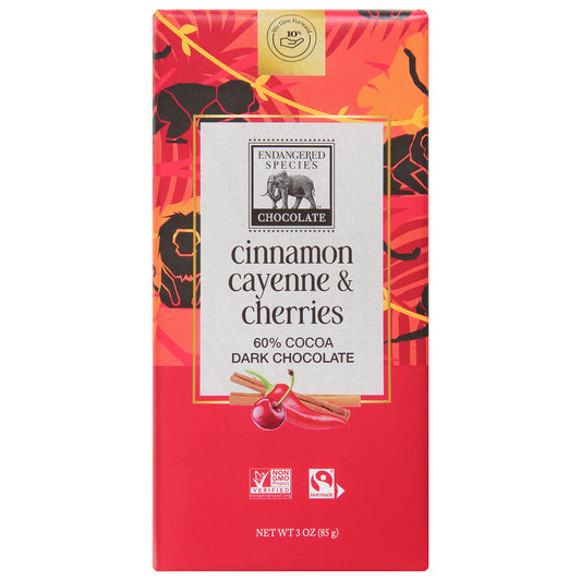 Endangered Species 60% Cocoa Cinnamon Cayenne & Cherries Dark Chocolate 3 oz