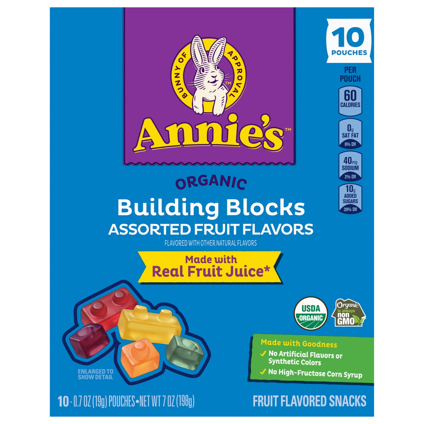 Annie's Organic Building Blocks Fruit Flavored Snacks, Assorted Fruit Flavors, Gluten Free, 10 Pouches, 7 oz