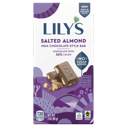 LILY'S Salted Almond Milk Chocolate Style No Sugar Added, Sweets Bar, 3 oz