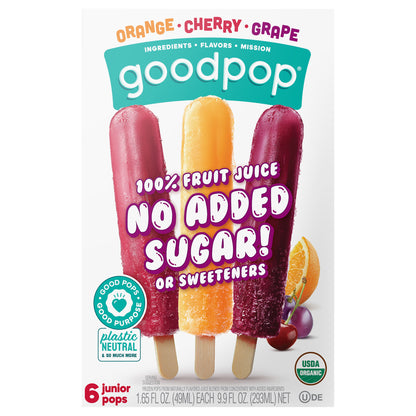 Orange Cherry Grape Ice Pops, Organic, No Added Sugar Fruit Bars, 6 Ct
