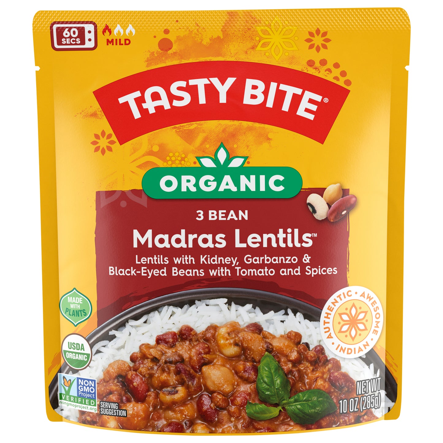 Tasty Bite Organic Indian Mild 3 Bean Madras Lentils 10 oz