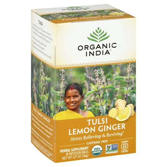 Organic India Caffeine Free Infusion Bags Tulsi Lemon Ginger Herbal Supplement 18 ea